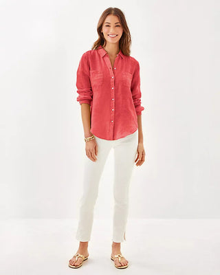 Sea View Linen Button Down Top - Cane Coral x Sorbet Pink