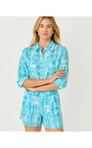 Sea View Linen Button Down Top - Capri Blue Roseys Petals