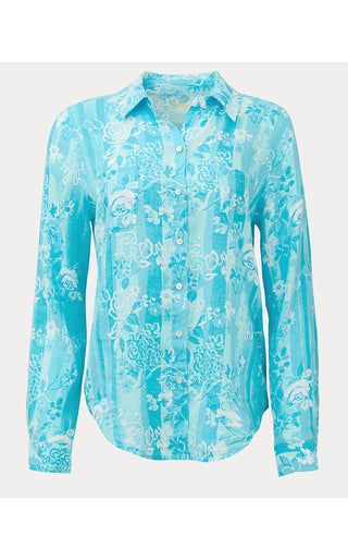 Sea View Linen Button Down Top - Capri Blue Roseys Petals