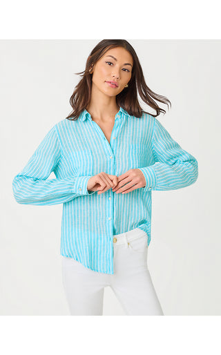 Sea View Linen Button Down Top - Capri Blue Saint Tropez Stripe