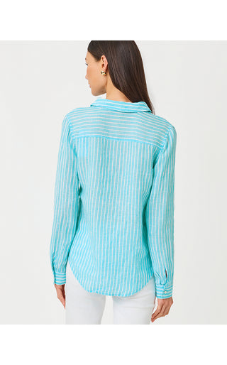 Sea View Linen Button Down Top - Capri Blue Saint Tropez Stripe