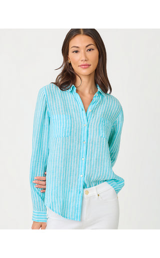 Sea View Linen Button Down Top - Capri Blue Saint Tropez Stripe