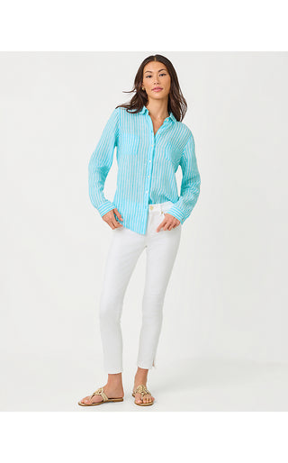 Sea View Linen Button Down Top - Capri Blue Saint Tropez Stripe