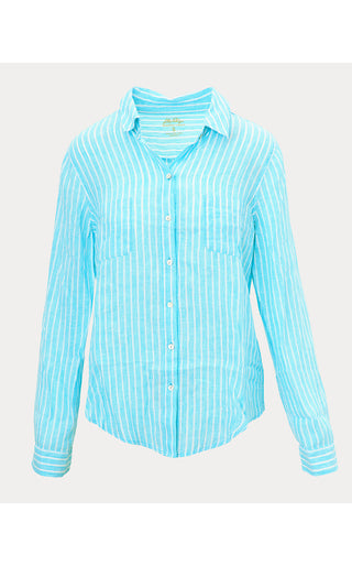 Sea View Linen Button Down Top - Capri Blue Saint Tropez Stripe