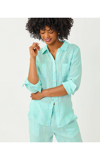 Sea View Linen Button Down Top - Mint Condition X Capri Blue Saint Tropez Stripe