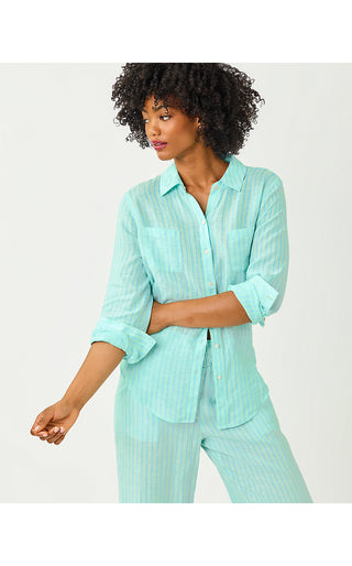 Sea View Linen Button Down Top - Mint Condition X Capri Blue Saint Tropez Stripe