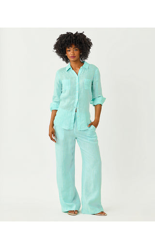 Sea View Linen Button Down Top - Mint Condition X Capri Blue Saint Tropez Stripe