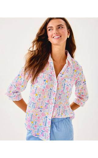 Sea View Linen Button Down Top - Multi Summer Serenade