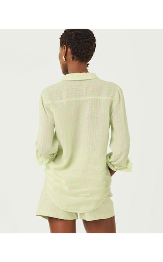 Sea View Linen Button Down Top - Pistachio Macaron X Conch Shell Pink Saint Tropez Stripe
