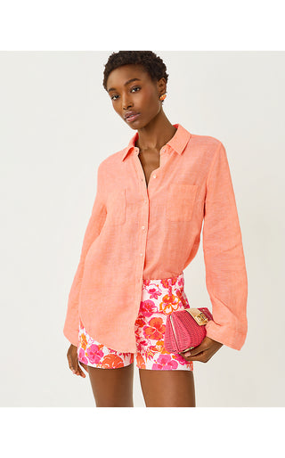 Sea View Linen Button Down - Sunset Orange X Resort White