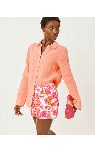 Sea View Linen Button Down - Sunset Orange X Resort White