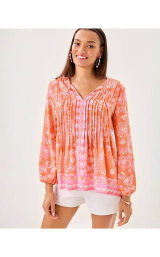 Marilina Long Sleeve Tunic Top - Papaya Breezy Palm Engineered Tunic