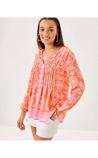 Marilina Long Sleeve Tunic Top - Papaya Breezy Palm Engineered Tunic