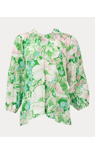 Lourdes 3/4 Sleeve Cotton Top - Putting Green Poppyland