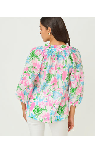 Lourdes 3/4 Sleeve Cotton Top - Resort White Viney Liney