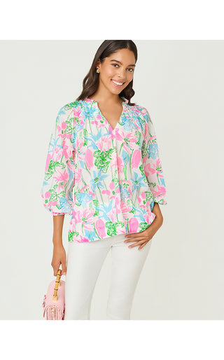 Lourdes 3/4 Sleeve Cotton Top - Resort White Viney Liney