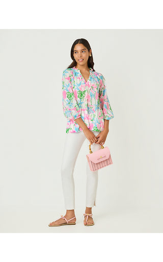 Lourdes 3/4 Sleeve Cotton Top - Resort White Viney Liney