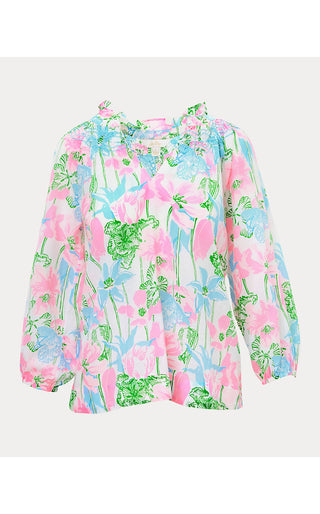Lourdes 3/4 Sleeve Cotton Top - Resort White Viney Liney