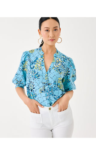 Mialeigh Elbow Sleeve Linen Top - Bellevue Blue Breakers Beach