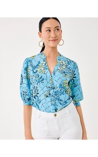 Mialeigh Elbow Sleeve Linen Top - Bellevue Blue Breakers Beach