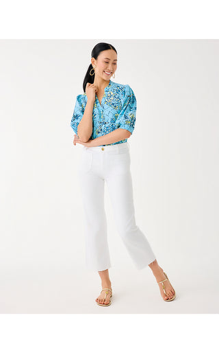 Mialeigh Elbow Sleeve Linen Top - Bellevue Blue Breakers Beach
