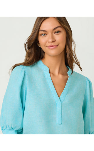 Mialeigh Elbow Sleeve Linen Top - Capri Blue X Resort White