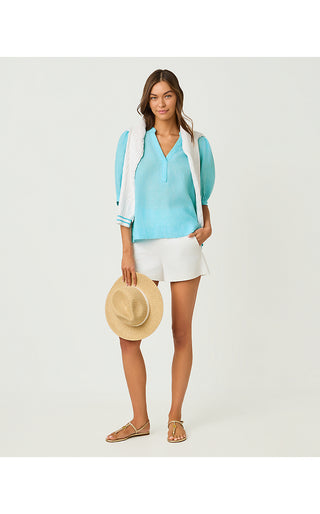 Mialeigh Elbow Sleeve Linen Top - Capri Blue X Resort White