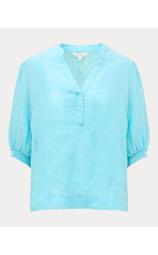 Mialeigh Elbow Sleeve Linen Top - Capri Blue X Resort White