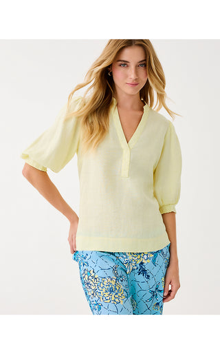 Mialeigh Elbow Sleeve Linen Top - Limoncello x Resort White