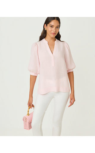 Mialeigh Elbow Sleeve Linen Top - Pink Muse X Resort White