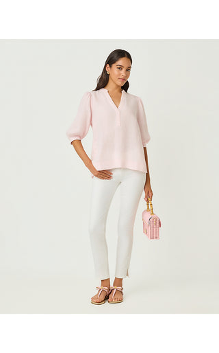 Mialeigh Elbow Sleeve Linen Top - Pink Muse X Resort White
