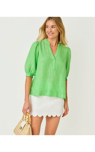 Mialeigh Elbow Sleeve Linen Top - Putting Green X Resort White