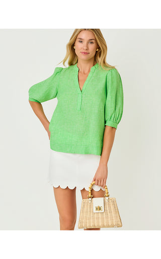 Mialeigh Elbow Sleeve Linen Top - Putting Green X Resort White