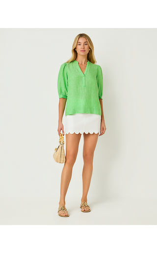 Mialeigh Elbow Sleeve Linen Top - Putting Green X Resort White