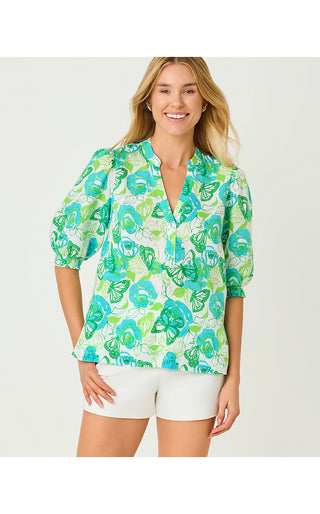 Mialeigh Elbow Sleeve Linen Top - Resort White Monarch Rose