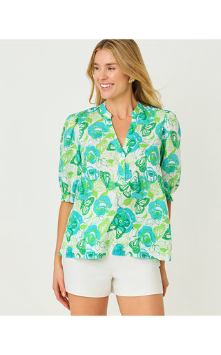 Mialeigh Elbow Sleeve Linen Top - Resort White Monarch Rose