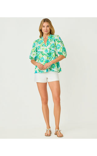 Mialeigh Elbow Sleeve Linen Top - Resort White Monarch Rose