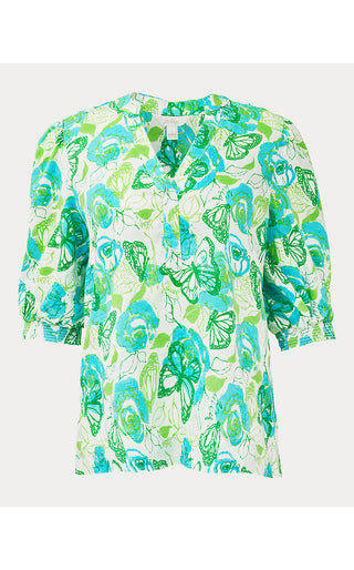 Mialeigh Elbow Sleeve Linen Top - Resort White Monarch Rose