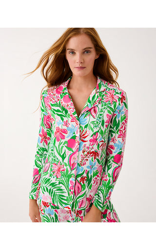 Pajama Knit Long Sleeve Button-Up Top - Multi Glowing Gardens