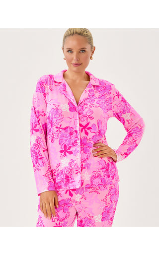 Pajama Knit Long Sleeve Button-Up Top - Parigi Pink Supporting Squad