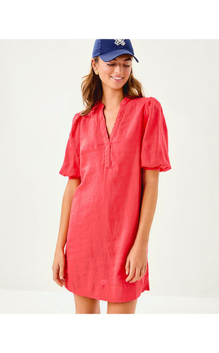 Mialeigh Elbow Sleeve Linen Dress - Cane Coral