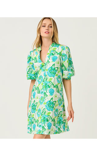 Mialeigh Elbow Sleeve Linen Dress - Resort White Monarch Rose