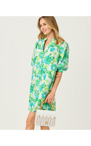 Mialeigh Elbow Sleeve Linen Dress - Resort White Monarch Rose