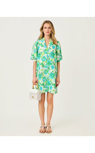 Mialeigh Elbow Sleeve Linen Dress - Resort White Monarch Rose