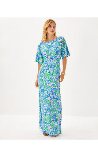 Parigi Boat Neck Maxi Dress - Sunwashed Blue Plumes In Bloom