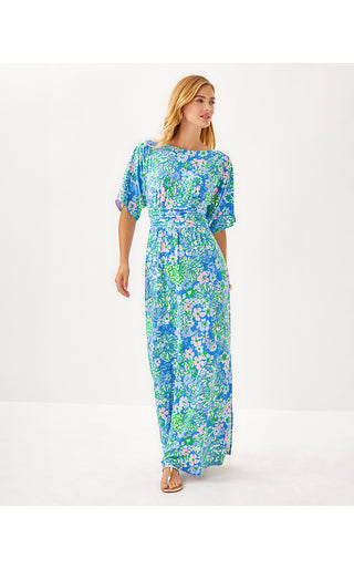Parigi Boat Neck Maxi Dress - Sunwashed Blue Plumes In Bloom