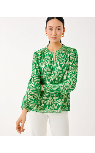 Giana Long Sleeve Silk Top - Bamboo Green Leafy Babe Metallic