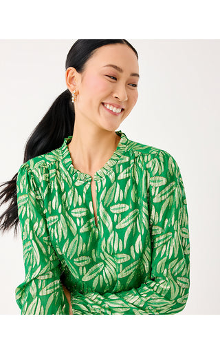 Giana Long Sleeve Silk Top - Bamboo Green Leafy Babe Metallic