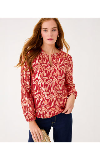 Giana Long Sleeve Silk Top - Cranberry Red Leafy Babe Metallic Silk Clip