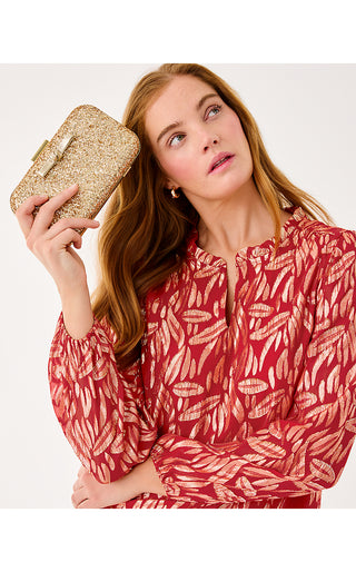 Giana Long Sleeve Silk Top - Cranberry Red Leafy Babe Metallic Silk Clip